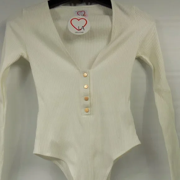 LoveLA Brenda Snap Button Long Sleeve V-Neck Bodysuit Size S - Picture 2 of 10